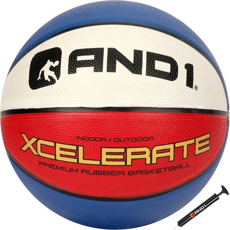 AND1 Xcelerate Rubber Basketball: Official Regulation Size 7 (29.5â€) Streetball, Made for Indoor/Outdoor Games (Basketball w/Pump, Red/White/Blue) - Image 1